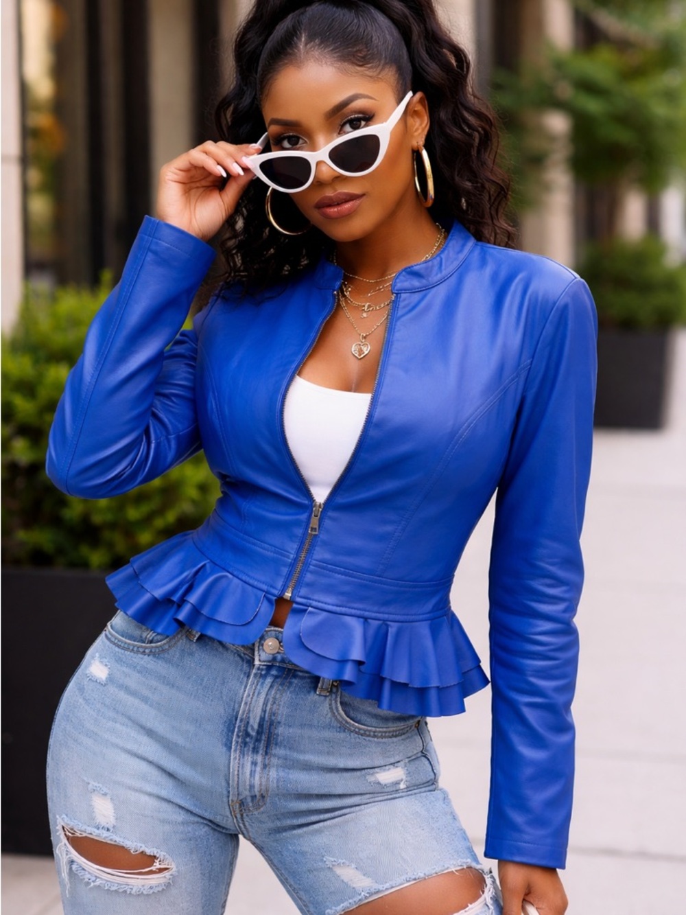 New York & Company Royal Blue Peplum Faux Leather Jacket